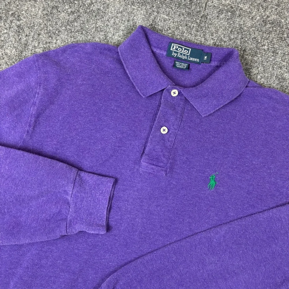 Polo Ralph Lauren Mens Purple Long Sleeve Pique Polo Shirt Green Pony Logo M